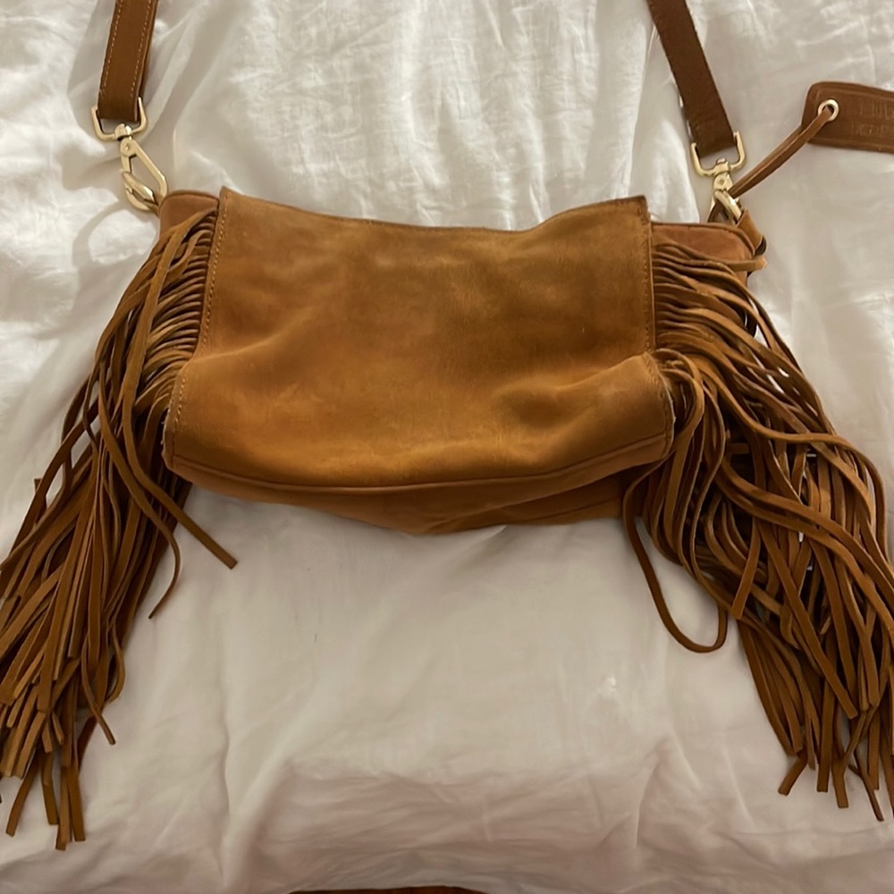 MOSSIMO TAN GENUINE SUEDE TRIM FRINGE BOHO CROSSBODY